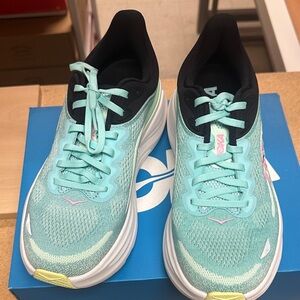 Hoka Bondi 9 Women's Mint/Black Running Shoes with Pink Accents